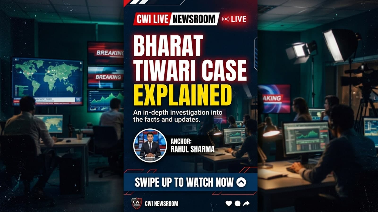 CWI Live Newsroom graphic explaining the Bharat Tiwari encounter case, family allegations, police version, and unanswered questions.
