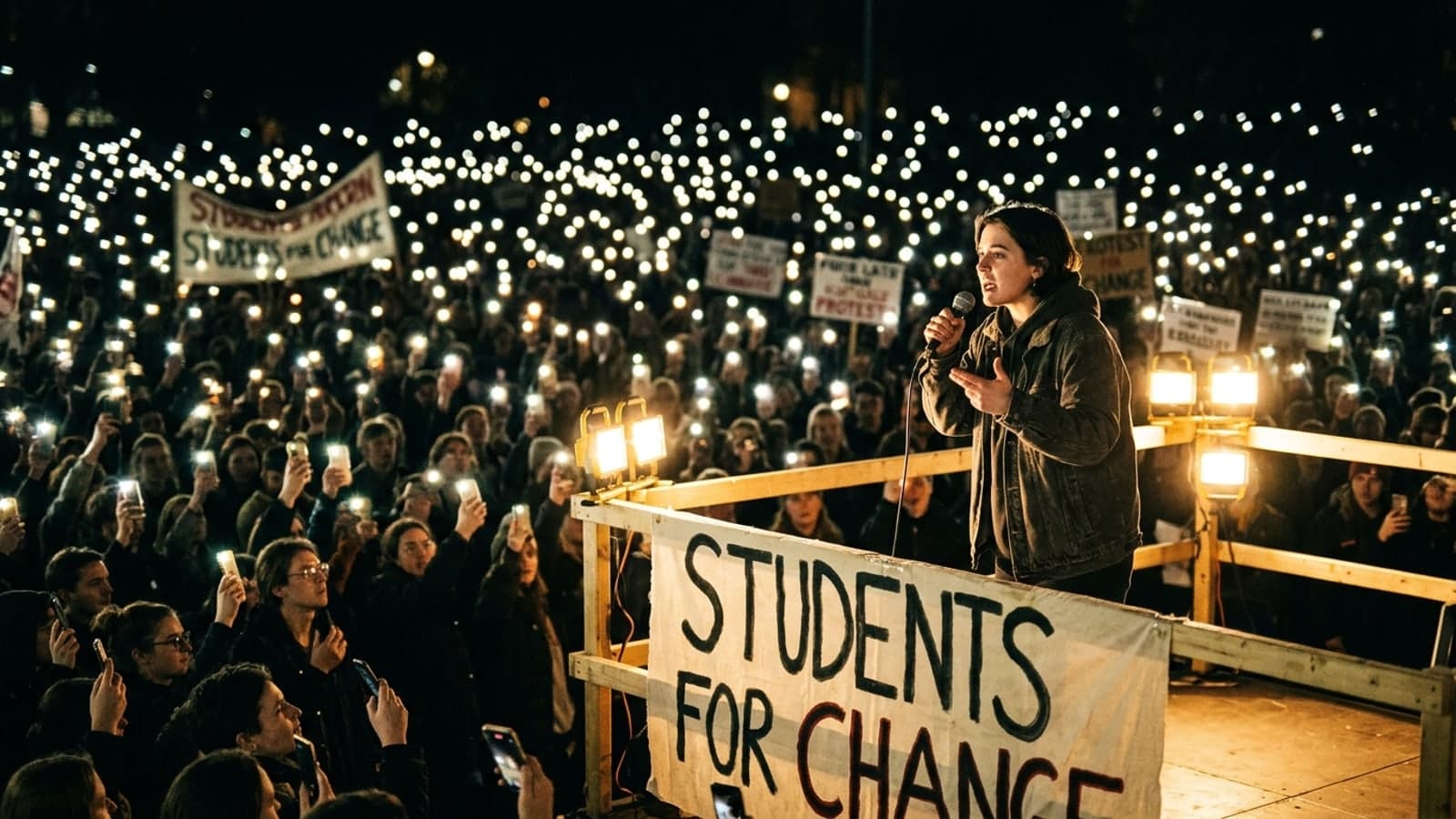 CWI graphic showing a night rally for student movement and public accountability