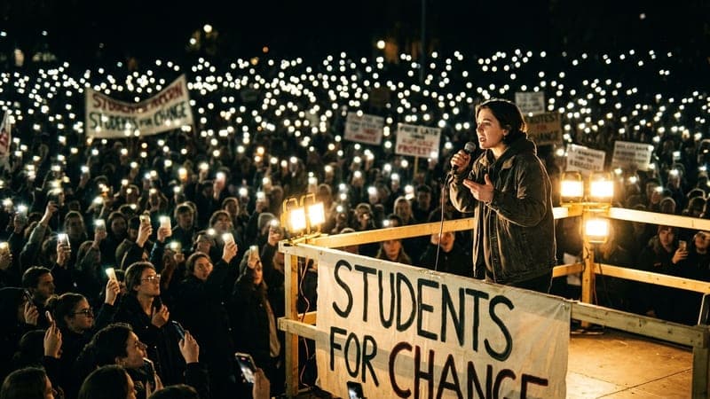 CWI graphic showing a night rally for student movement and public accountability