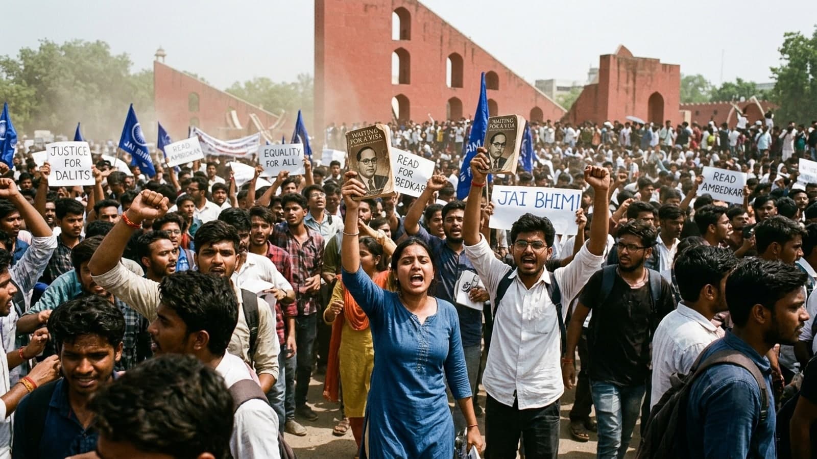 CWI Live Newsroom graphic showing student protest and public accountability at Jantar Mantar