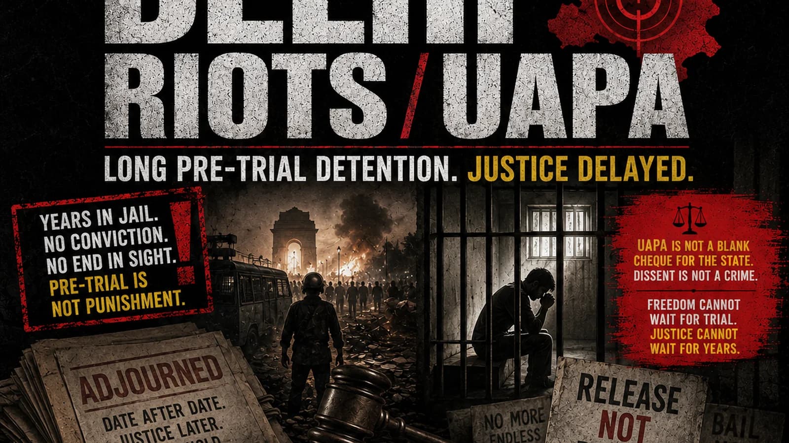 CWI India Unanswered Files visual on Delhi riots, UAPA pre-trial detention, civil liberties, and delayed justice.
