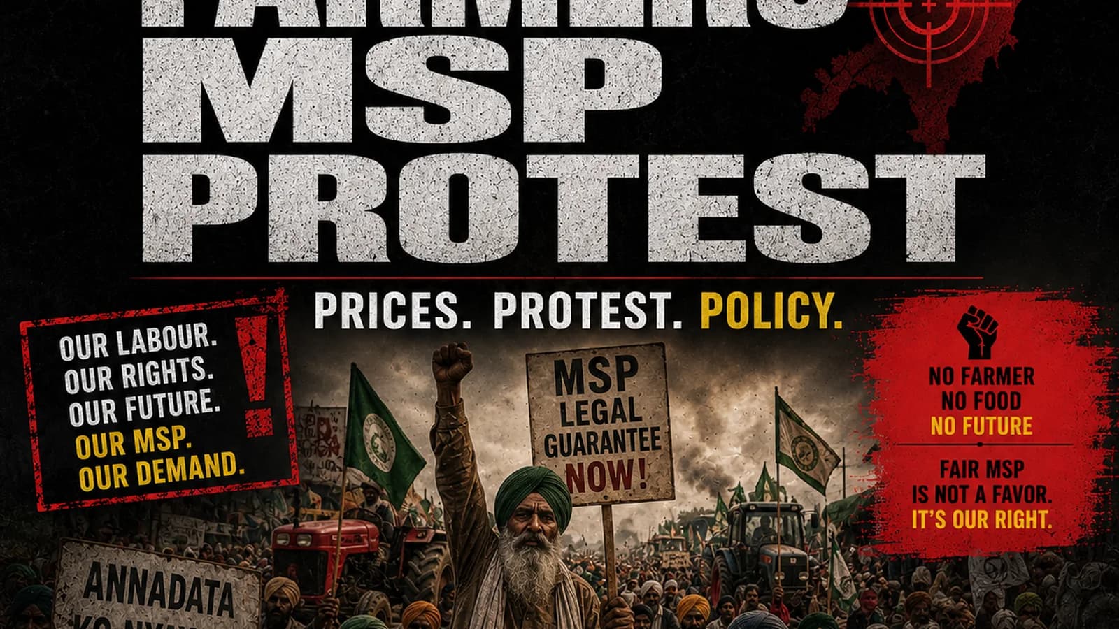 CWI India Unanswered Files visual on farmers MSP protest, policy demands, and public accountability.
