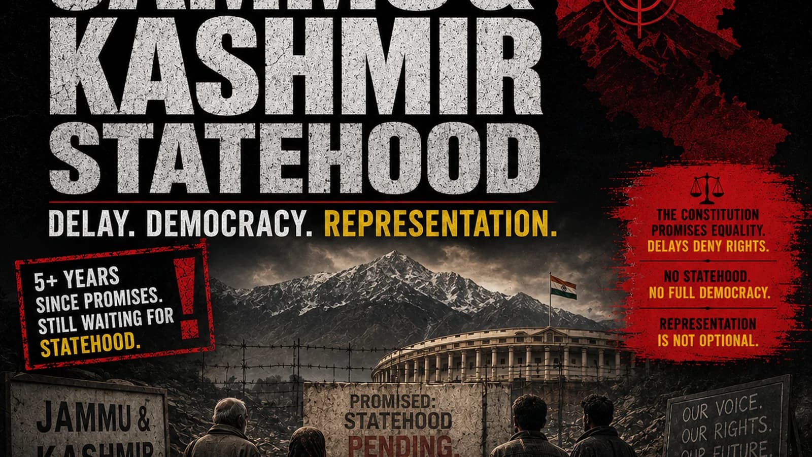 CWI India Unanswered Files visual on Jammu and Kashmir statehood delay, representation, and democratic accountability.