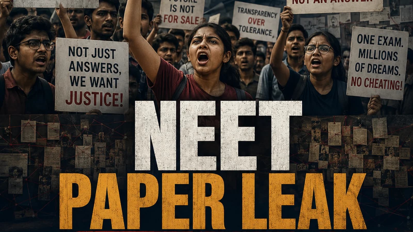 CWI India Unanswered Files visual on NEET paper leak concerns, student protests, and NTA accountability.